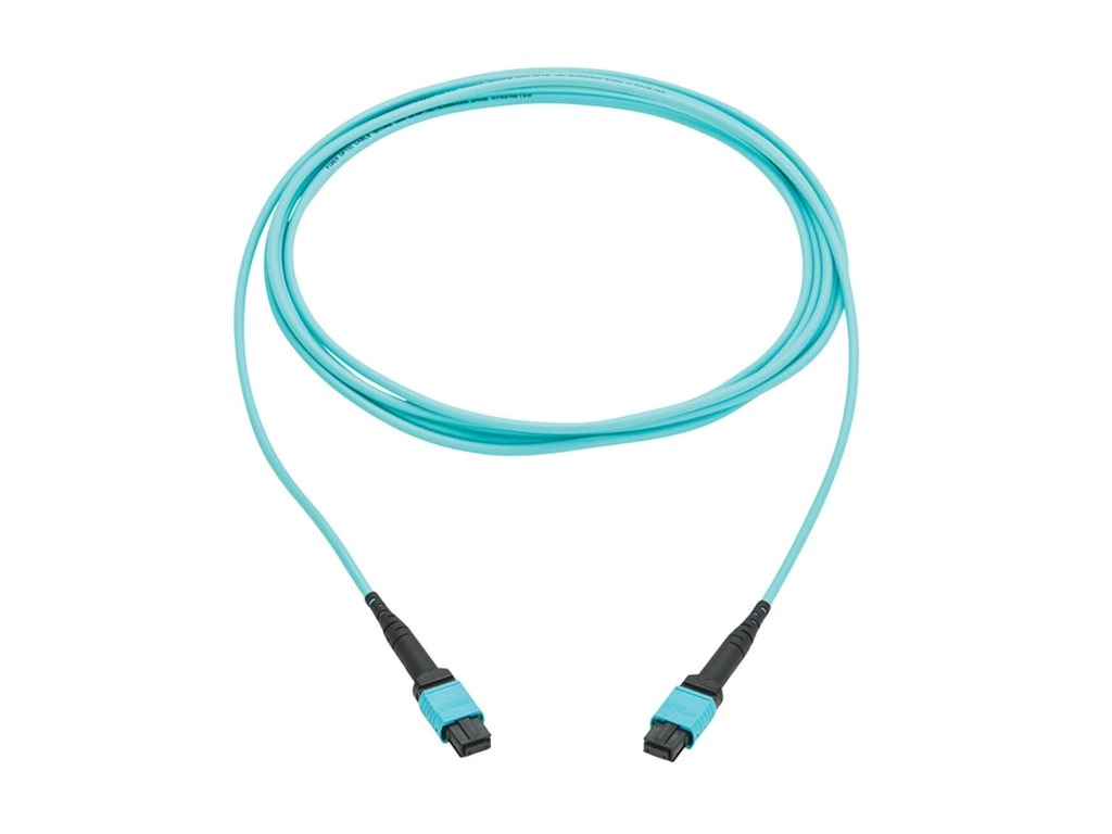 Eaton Tripp Lite Series 100G Multimode 50/125 OM4 Fiber Optic Cable 12F MPO/MPO-PC F/F Type-B Polarity OFNP Aqua 5M TAA - Network N845B-05M-12TAA