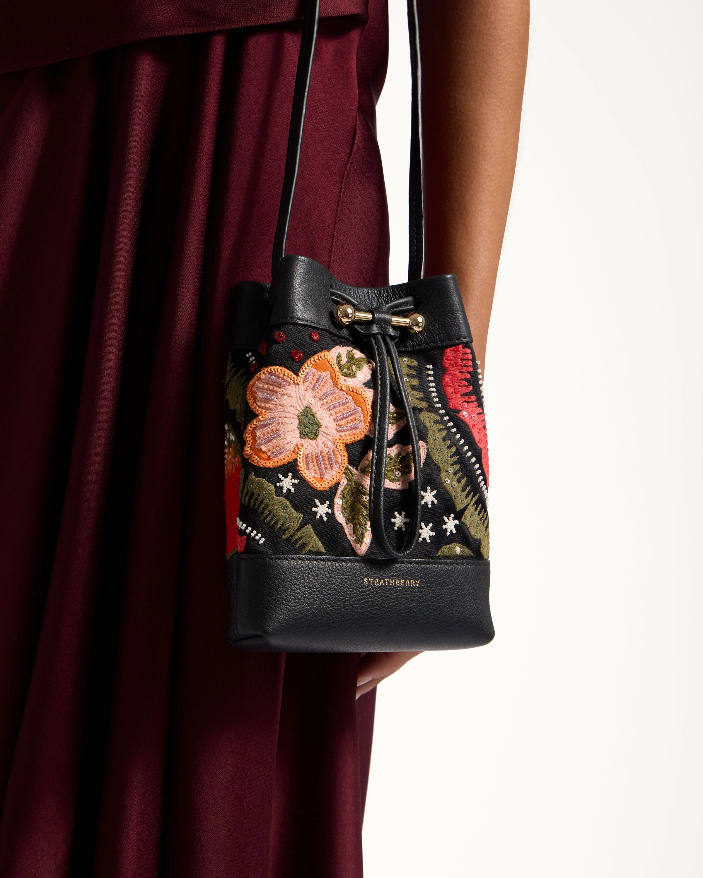 Osette Midi Pouch - Black Beaded/Embroidered Satin