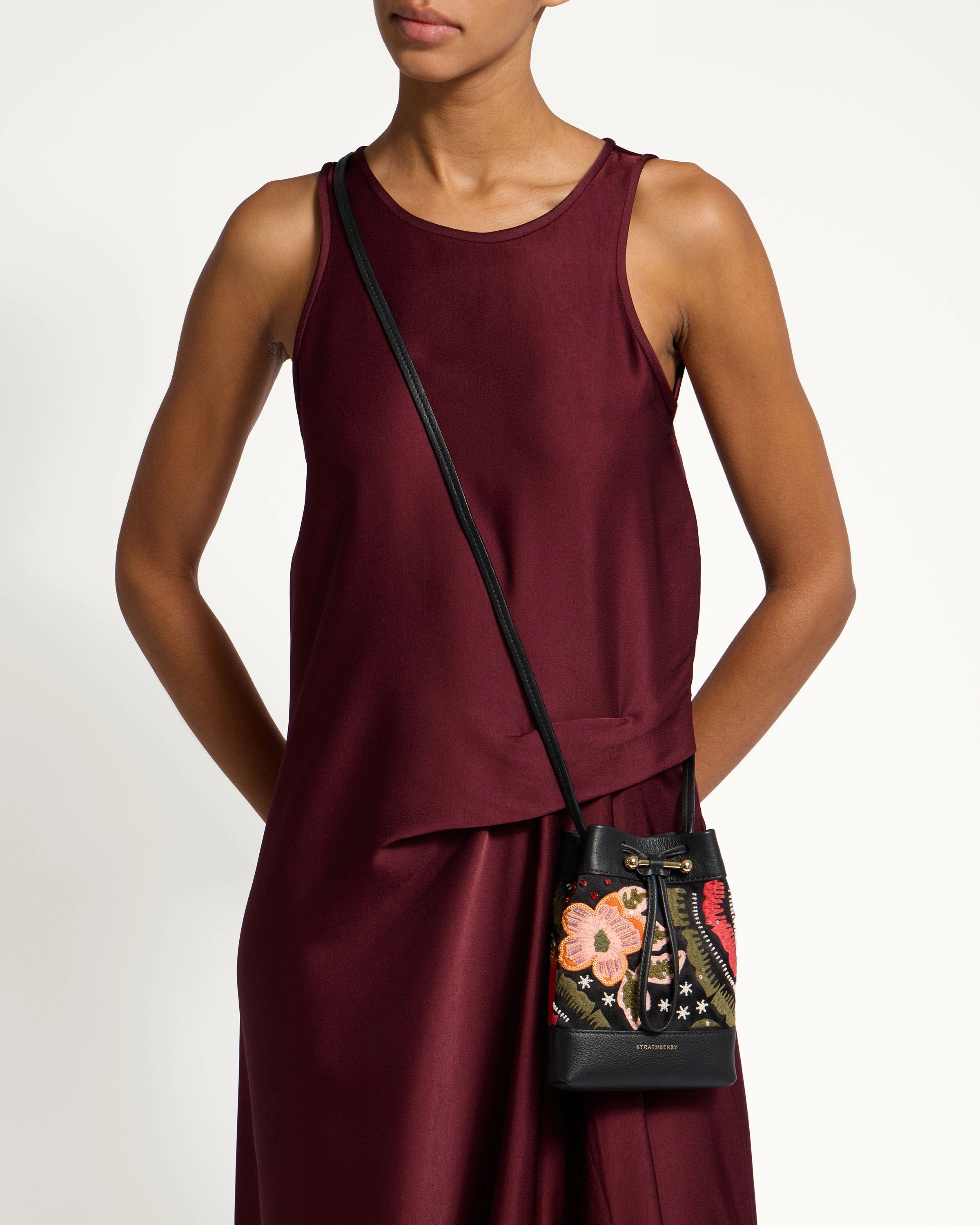 Osette Midi Pouch - Black Beaded/Embroidered Satin