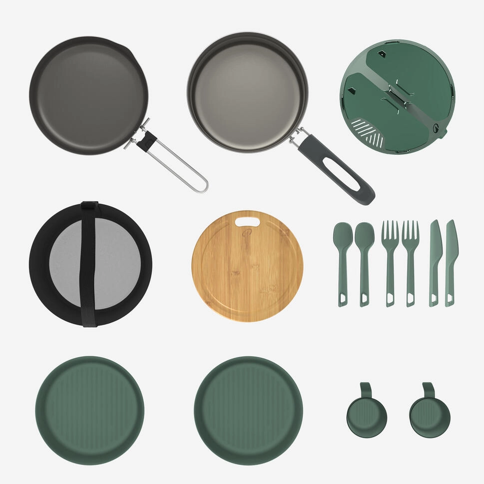 Quechua 500 Stainless Steel Non-Stick Camping Cookset – 14-Piece for 2 People