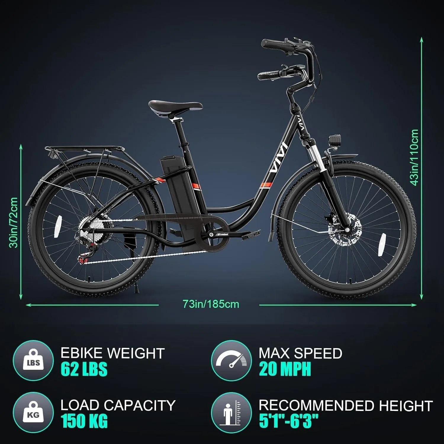 VIVI C26UL Electric Bike Cruiser Electric Commuter Bike UL2849 Certified