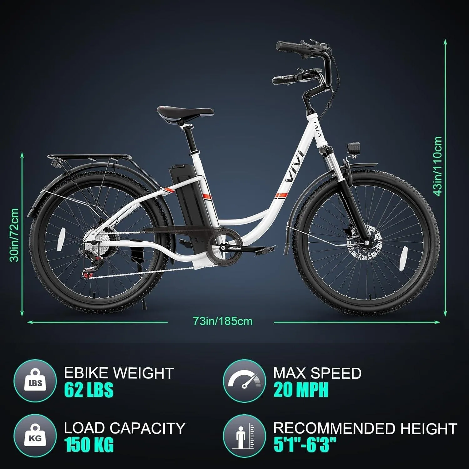 VIVI C26UL Electric Bike Cruiser Electric Commuter Bike UL2849 Certified